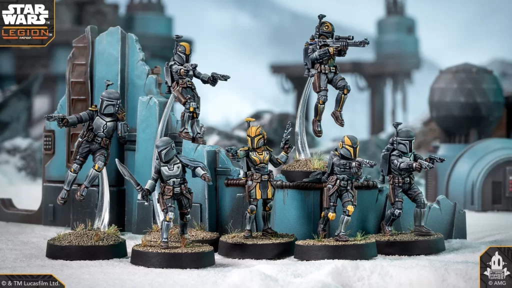 Star Wars: Legion miniatures on a snowy battlefield, firing blasters from behind blue ruins.