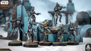Star Wars: Legion miniatures on a snowy battlefield, firing blasters from behind blue ruins.