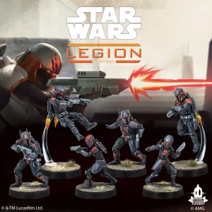 Promotional Star Wars: Legion art showing six armored troopers firing blasters in a desert battle scene with large logo overhead.