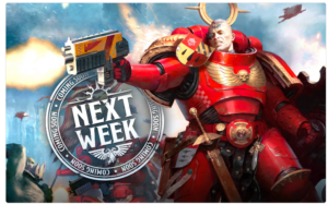 Red-armored space marine fires a gun as a circular 'Next Week' teaser looms beside him, announcing an upcoming release.
