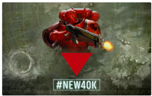 Red armored futuristic warrior fires a rifle against a techy green background, with a red triangle and the caption '#NEW40K' below.