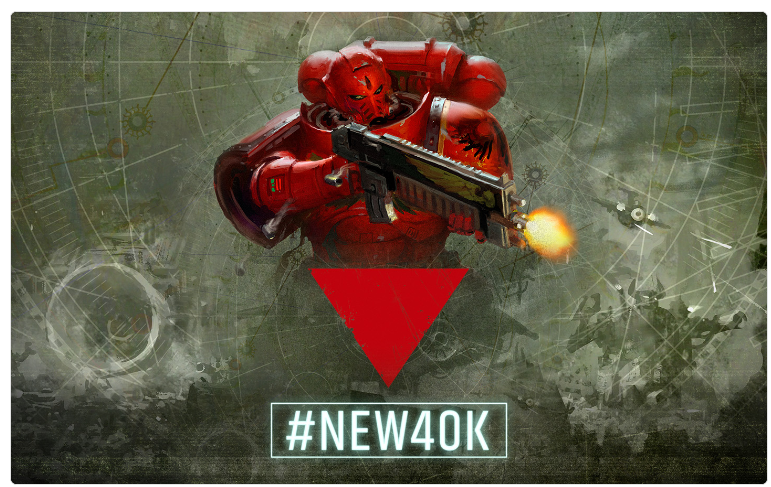 Red armored futuristic warrior fires a rifle against a techy green background, with a red triangle and the caption '#NEW40K' below.