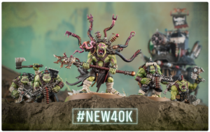 Tabletop orc battle scene on a rocky diorama; central boss with tentacle crown wields a long weapon, others flank him, glowing “#NEW40K” sign in front.