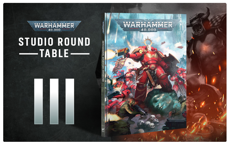 Event graphic for a Warhammer 40,000 Studio Round Table with three vertical slots and bold text on a dark background, plus a Warhammer 40k book cover image on the right side.