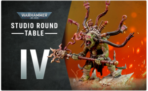 Banner for Warhammer 40,000 Studio Round Table IV, showing a menacing, multi-armed creature against a split dark/orange background.
