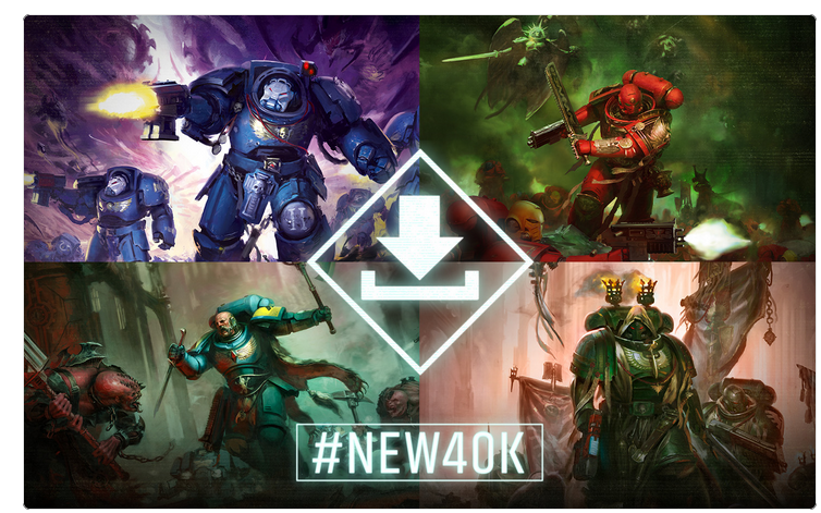 Promo banner with four Warhammer 40K battle scenes surrounding a glowing download icon and #NEW40K caption.