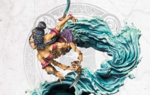 Fantasy female warrior with braided hair and red-armored outfit lunges with a curved blade as a turquoise wave swirls around her.