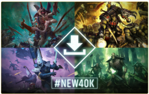 Four Warhammer 40K battle scenes arranged in quadrants with a glowing diamond containing a download symbol in the center and '#NEW40K' beneath.