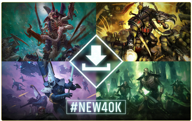 Screenshot 20260609 110223 Frontline Gaming Four Warhammer 40K battle scenes arranged in quadrants with a glowing diamond containing a download symbol in the center and '#NEW40K' beneath.