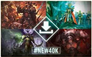 Collage of four Warhammer 40K factions around a glowing download icon and the hashtag #NEW40K, signaling a new edition release.