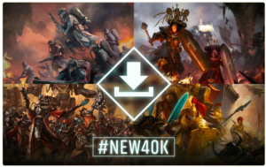 Collage of Warhammer 40,000 battle scenes with a glowing download icon in the center and the hashtag #NEW40K at the bottom.