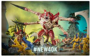 LEGO battle scene: a large red skeletal monster lunges at yellow armored minifigures on a rocky battlefield, #NEW40K text overlay.