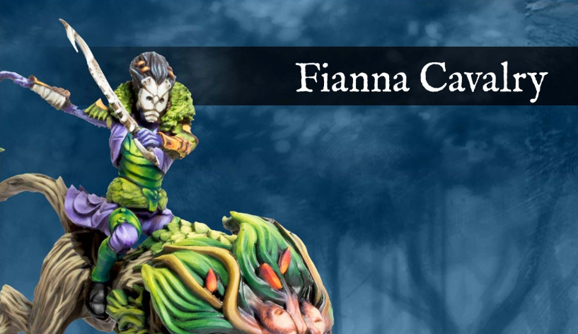 Fantasy rider in green and purple armor atop a dragon-like creature, with a dark banner reading 'Fianna Cavalry' across the top.