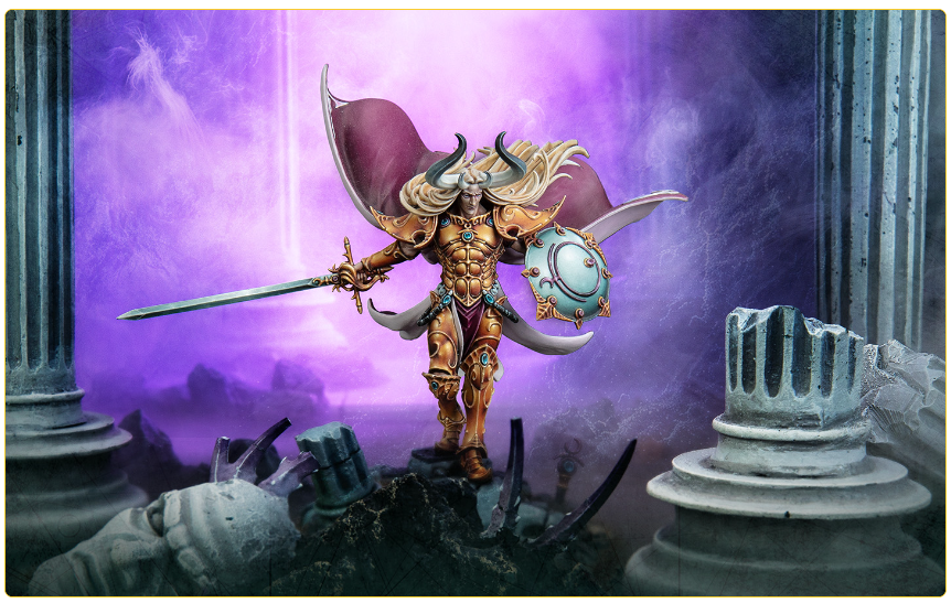 Golden-armored fantasy knight action figure wielding a sword and shield, standing on rubble among ancient columns with purple mist