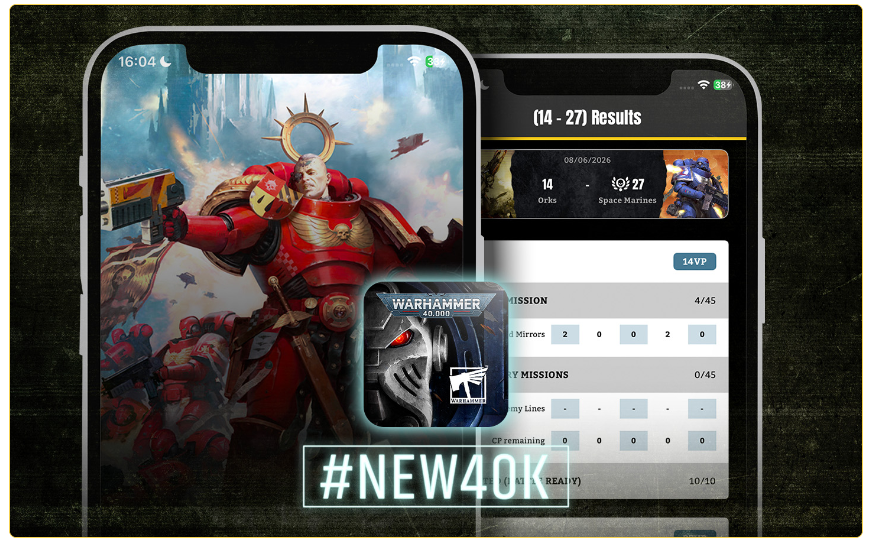 Collage of two smartphones showing Warhammer 40,000 game screens, featuring a red-armored Space Marine and a glowing #NEW40K badge.