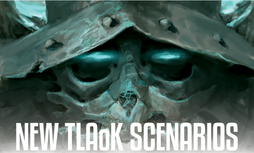 Artwork of a teal, skull-like helmet with glowing eyes and metal plates, with bold white text reading 'NEW TLAK SCENARIOS' across the bottom.