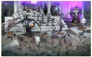 A large tabletop army of dark fantasy miniatures arranged on marble stairs, led by a towering central villain, with misty ground and a purple glow nearby.