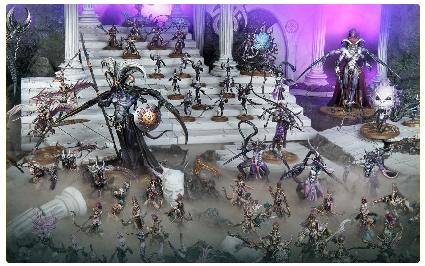 A large tabletop army of dark fantasy miniatures arranged on marble stairs, led by a towering central villain, with misty ground and a purple glow nearby.