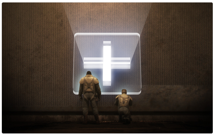 Two astronauts stand before a glowing illuminated cross inside a glass cube on a dark wall, in a sci‑fi setting.