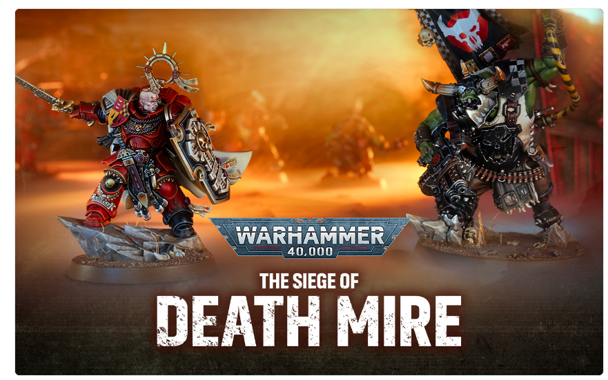 Two Warhammer 40,000 warriors in heavy armor clash on a fiery battlefield, with the 'Warhammer 40,000: The Siege of Death Mire' logo centered below them.