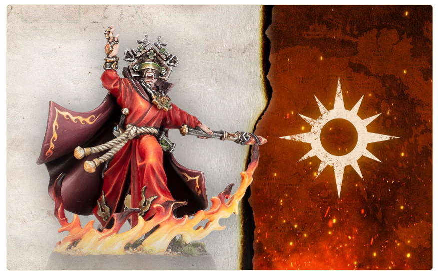 Fantasy miniature: a red-robed sorcerer with a headdress stands atop orange flames, wielding a staff in front of a split background—left gray stone, right burnt orange with a white sunburst symbol.