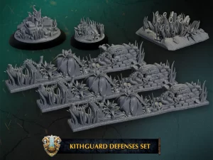 Unpainted gray miniature terrain pieces with spiky plants and rounded domes on bases for tabletop games