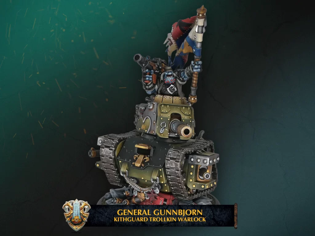 Warhammer mini: General Gunnbjorn atop a tank, wielding a spear-like staff with a mounted cannon, armored details visible on the vehicle.