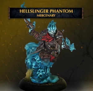 Hellsinger Phantom Mercenary miniature leaping forward, blue spectral flames surrounding armor on a round base.