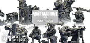 Promo banner for Warmachine 3D with Titan Forge miniatures, featuring armored figures and ruined buildings; reads 'Warmachine 3D June Release' and 'Powered by Titan Forge'.