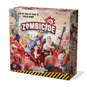 Box art for 'Zombieide 2nd Edition' showing a female survivor with a sword amid a zombie horde in a city street, with bold game title above.