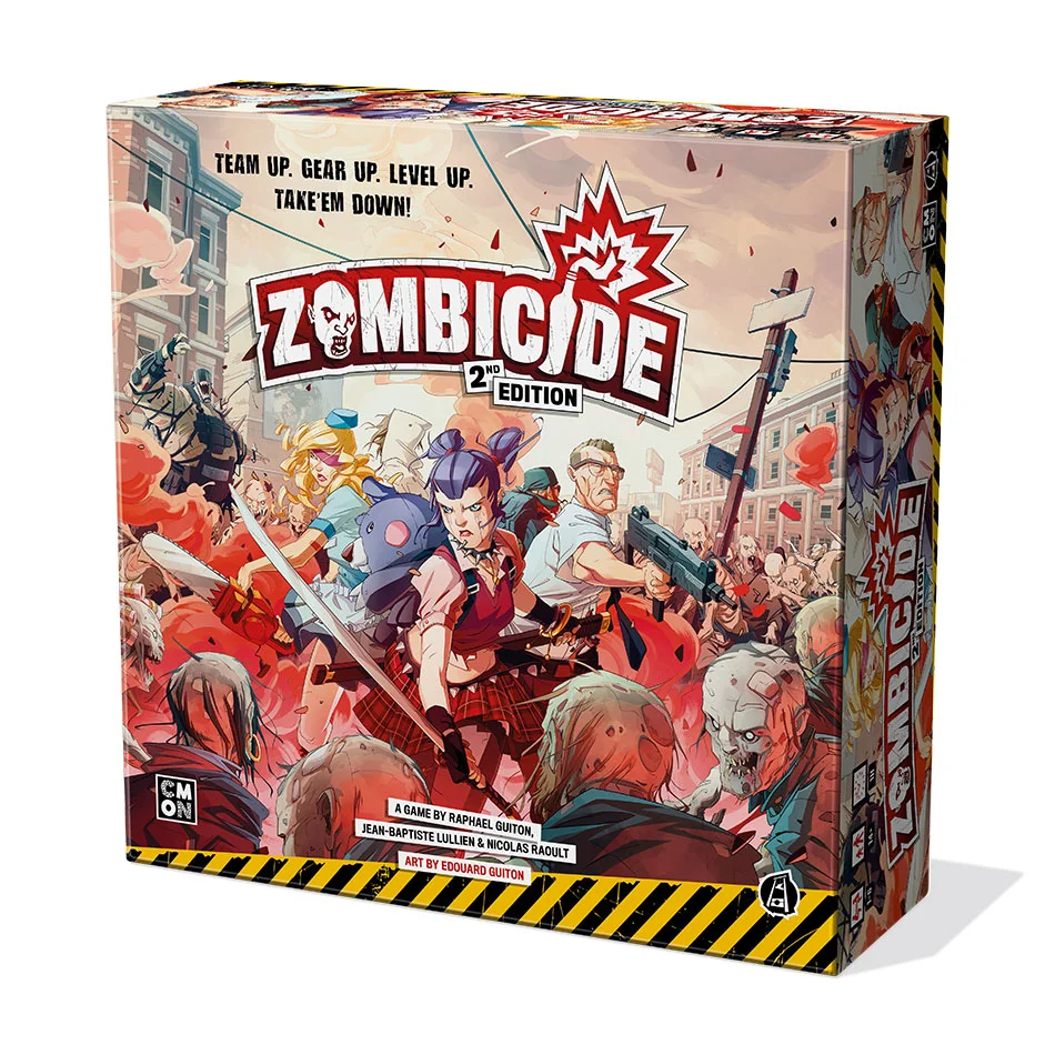 Box art for 'Zombieide 2nd Edition' showing a female survivor with a sword amid a zombie horde in a city street, with bold game title above.