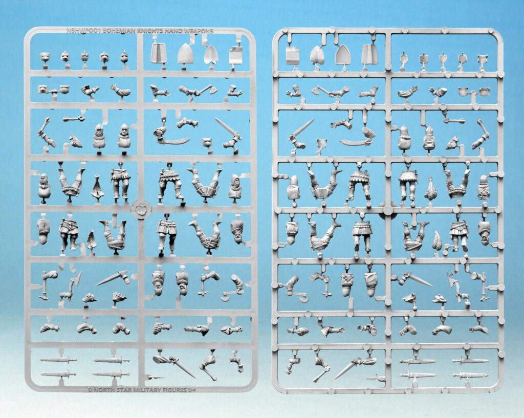 Two gray plastic sprues for medieval knight miniatures, showing bodies, armor, weapons, and shields on a blue background.