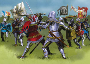 Knights in shining armor clash swords on a grassy battlefield, banners waving in the background.