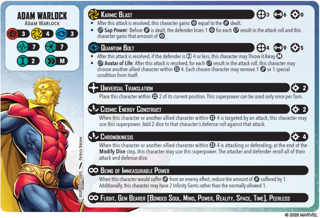 Adam Warlock character card with stats on the left and a list of powers on the right (Karmic Blast, Quantum Bolt, etc.).