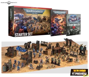 Warhammer 40,000 starter set boxes and a large tabletop battlefield with blue miniatures and ruins for a game session.