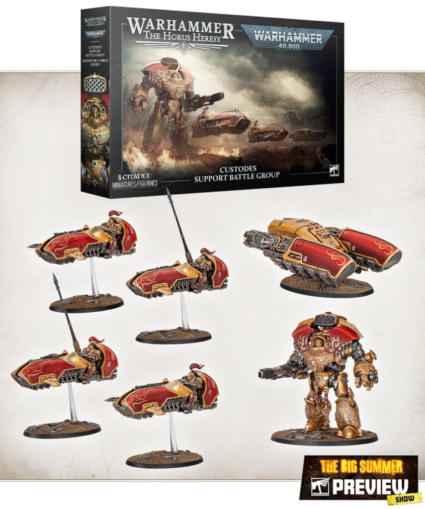 Warhammer 40,000 Horus Heresy Custodes battle group box with red‑and‑gold miniatures on round bases against a pale background, plus transport bikes.