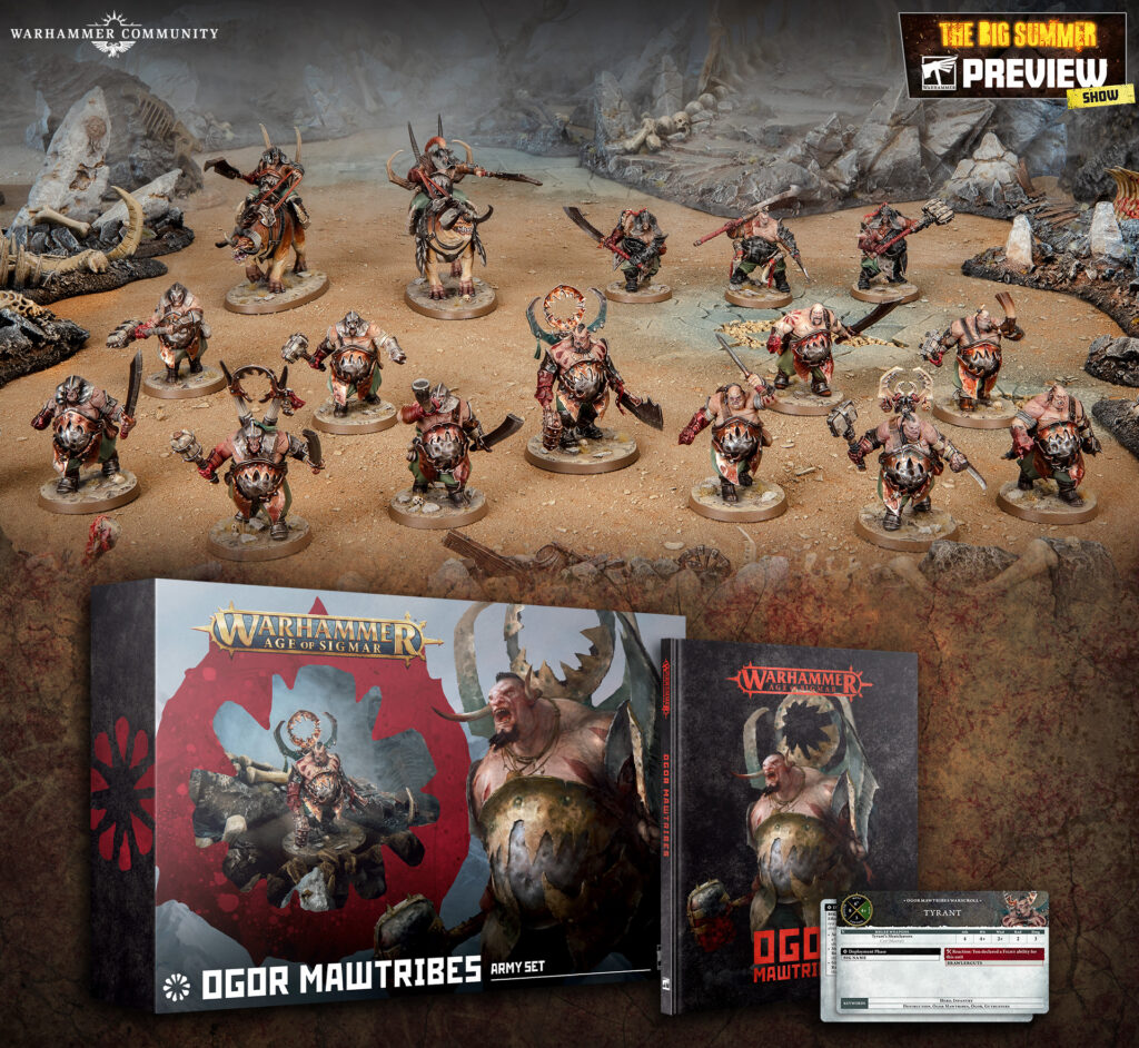 Collage of Warhammer Age of Sigmar and Warhammer 40k products featuring multiple orc/goblinoid miniatures in a rocky desert diorama with product boxes in the foreground and a 'The Big Summer Preview Show' banner.