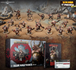 Collage of Warhammer Age of Sigmar and Warhammer 40k products featuring multiple orc/goblinoid miniatures in a rocky desert diorama with product boxes in the foreground and a 'The Big Summer Preview Show' banner.