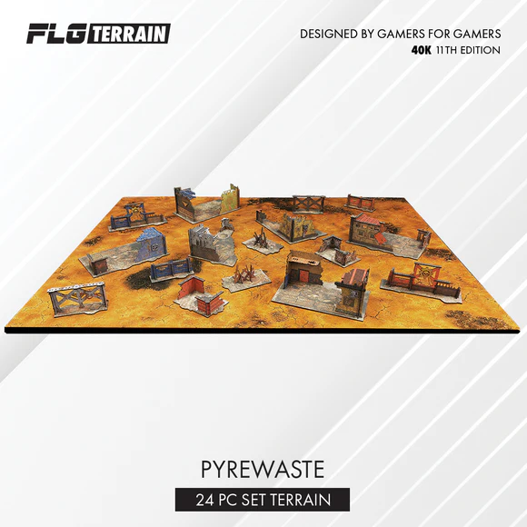 flg11th40kterrain Frontline Gaming Pyrewaste 24-piece terrain set for tabletop wargaming, modular ruins on a desert-like board (scene shows multiple walls and platforms).