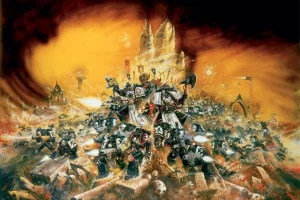 Epic battle scene with heavily armored warriors charging through ruins under a fiery orange sky.