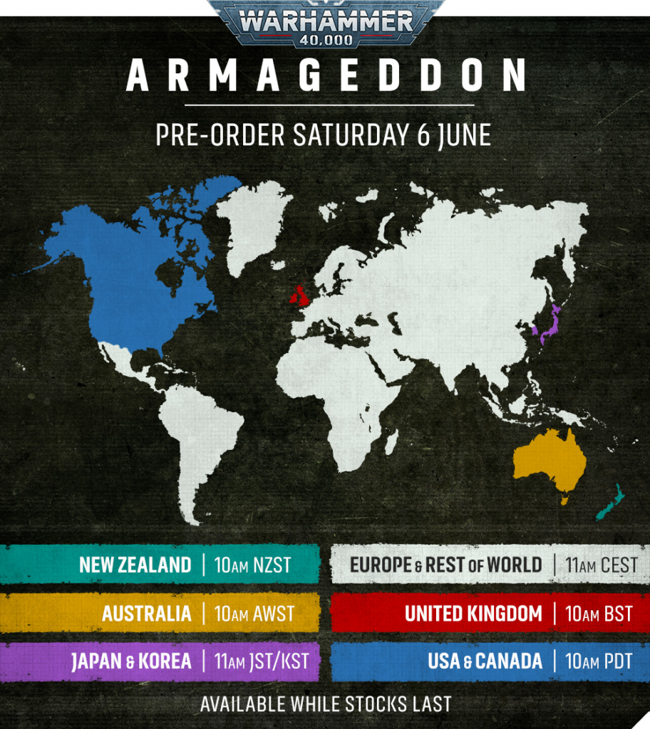 image Frontline Gaming Armageddon Warhammer 40,000 pre-order poster with a world map showing regional launch times and an 'Available while stocks last' note.