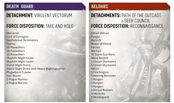 image Frontline Gaming Two Warhammer 40k army sheets: Death Guard detachment and Aeldari detachments with unit lists and force dispositions.