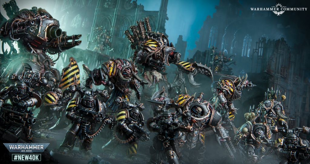 Epic battle scene of heavily armored Warhammer 40,000 Orks clashing in a ruined Gothic city, blue fog in the background, Warhammer Community logo visible in the corner.
