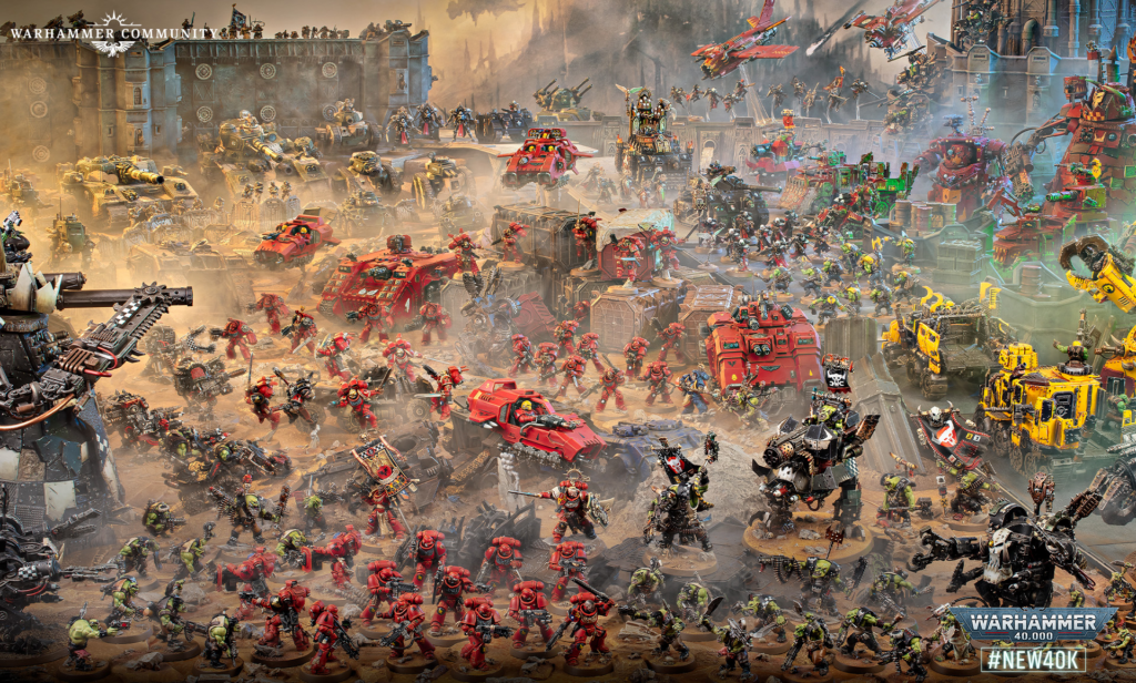 Massive sci-fi battle scene with red armored troops and green orc forces clashing among tanks, aircraft, and ruined city walls.