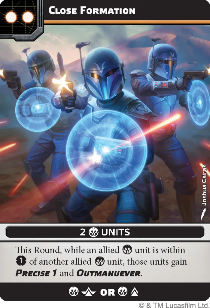 image Frontline Gaming Close Formation card: three blue-armored fighters with glowing energy shields advancing in a desert battlefield, 2 Units.