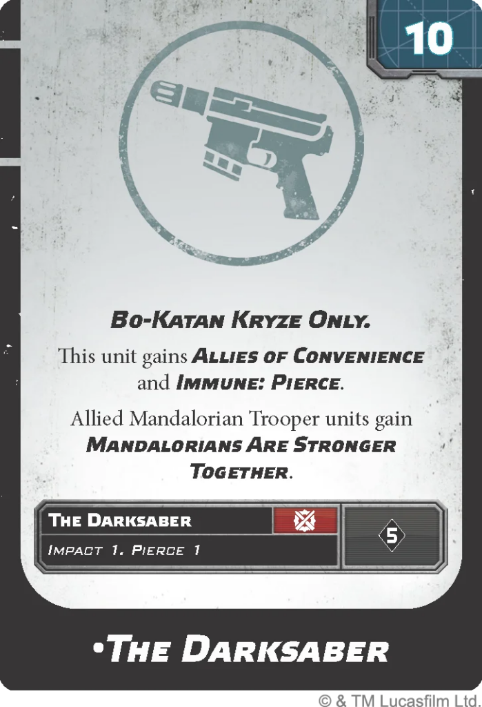 image Frontline Gaming Game card with a pistol icon in a circle, title 'The Darksaber', flavor text about Allies of Convenience and Mandalorians Are Stronger Together, and a bottom stat bar labeled The Darksaber.