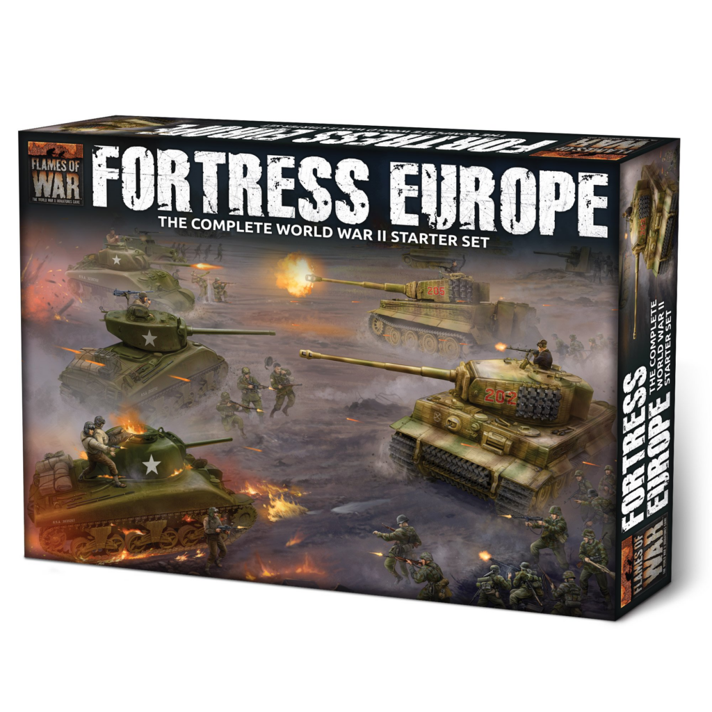 Box for Fortress Europe: The Complete World War II Starter Set, featuring tanks and soldiers in a smoky battle scene.