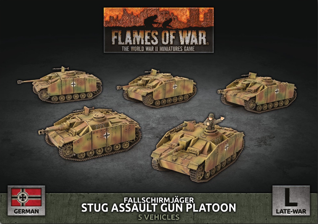 Five German late-war Stug assault gun platoon miniatures on a dark game board, with Flames of War branding above and five vehicles arranged in formation.