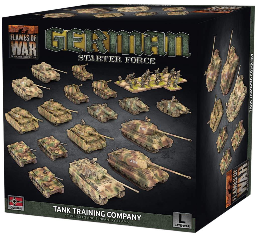 Box for Flames of War German Tank Training Company miniature set showing multiple camouflage tanks and infantry on the front, with bold game title and subtext, 17 vehicles and 8 infantry teams included.