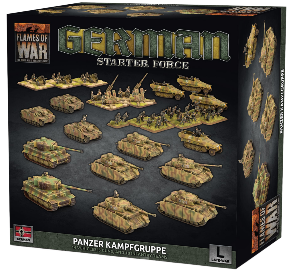 Flames of War Panzer Kampgruppe starter set box showing numerous model tanks and infantry on a dark background.